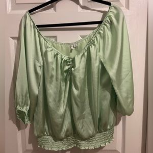 Green satin off shoulder blouse